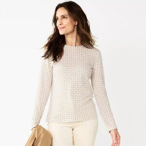 NWT Croft & Barrow Essential Crewneck Long Sleeve Tee XL Tan Geo Print T-Shirt